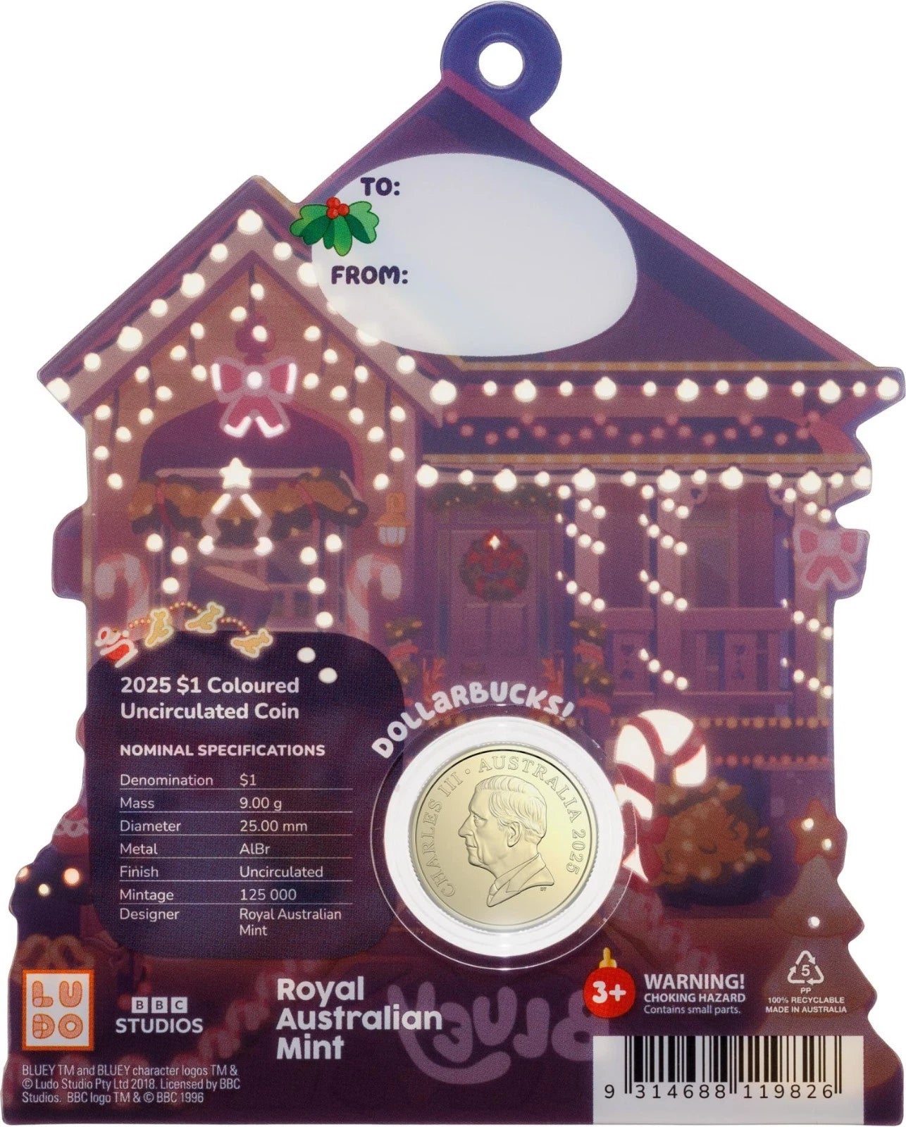 2025 $1 Coloured Uncirculated Coin – Bluey Christmas